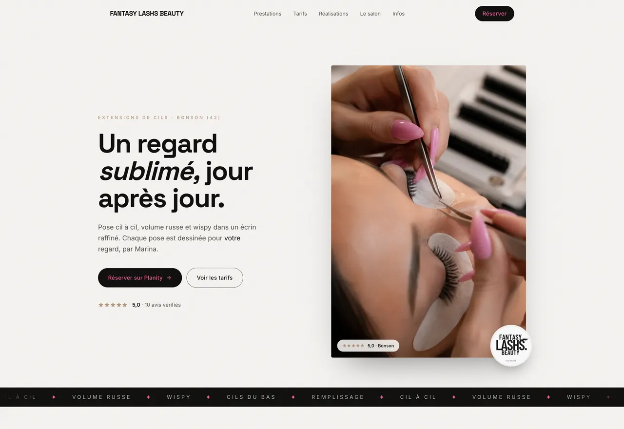 Site réalisé pour Fantasy Lash, Salon de cils.